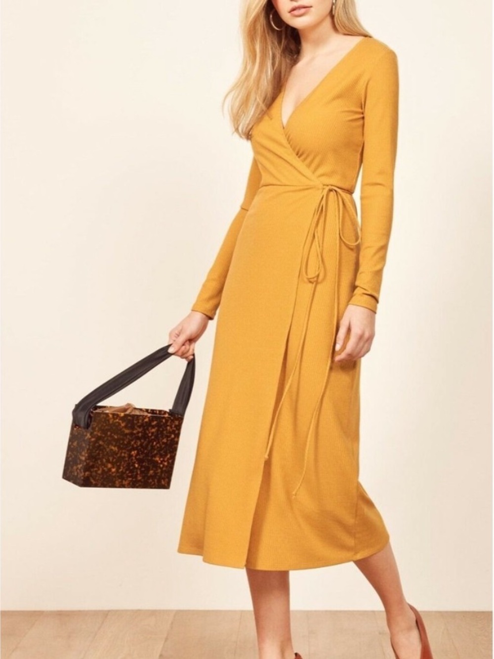 REFORMATION celine wrap dress ribbed long sleeve midi yellow size XS